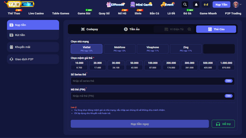 Người chơi nạp tiền ít có thể dùng hình thức thẻ cào