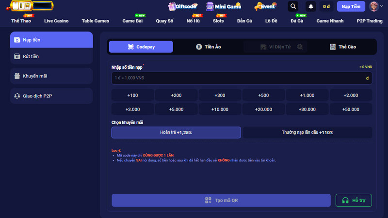 Nạp vốn nhanh chóng, an toàn thông qua Codepay