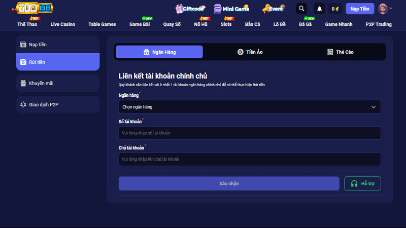 Rút tiền Tin88 nhanh gọn qua tài khoản ngân hàng