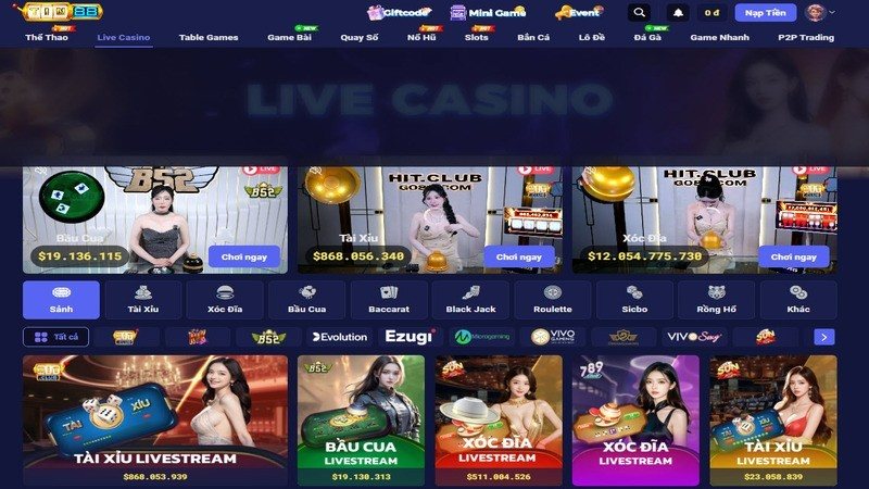 Sảnh Live Casino với nhiều game ăn khách